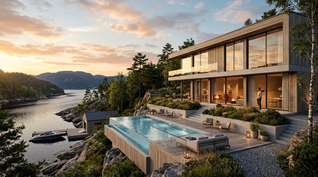 Photorealistic architectural render of a modern home with pool and water view at sunset